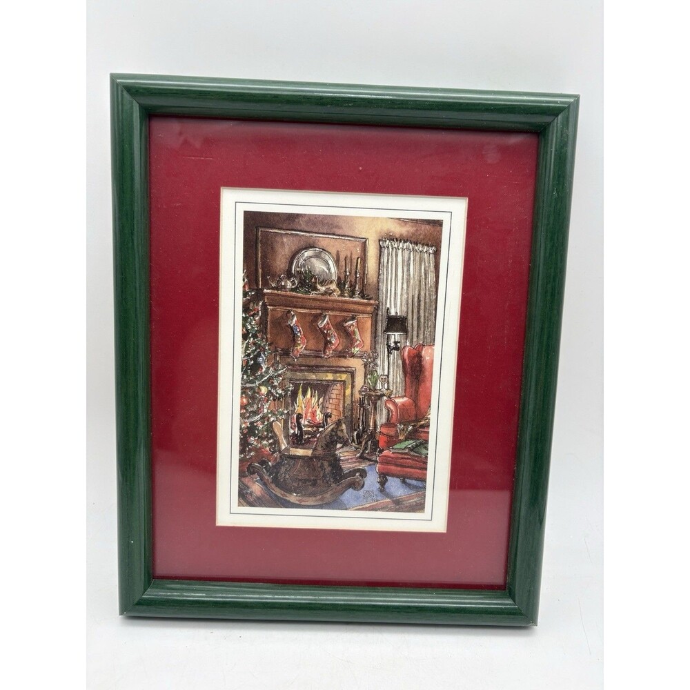 Framed Christmas Fireplace Print Red Mat Green Frame Holiday Wall Art 9.5x11